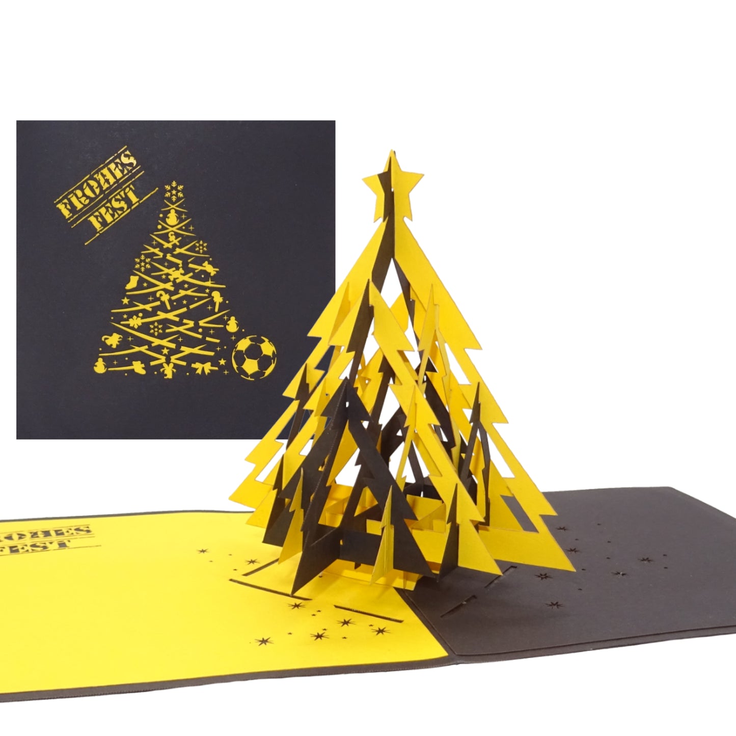 Pop Up Karte "Fußball - Weihnachten in Schwarz & Gelb“ 3D Weihnachtskarte Fan Dortmund, Aachen