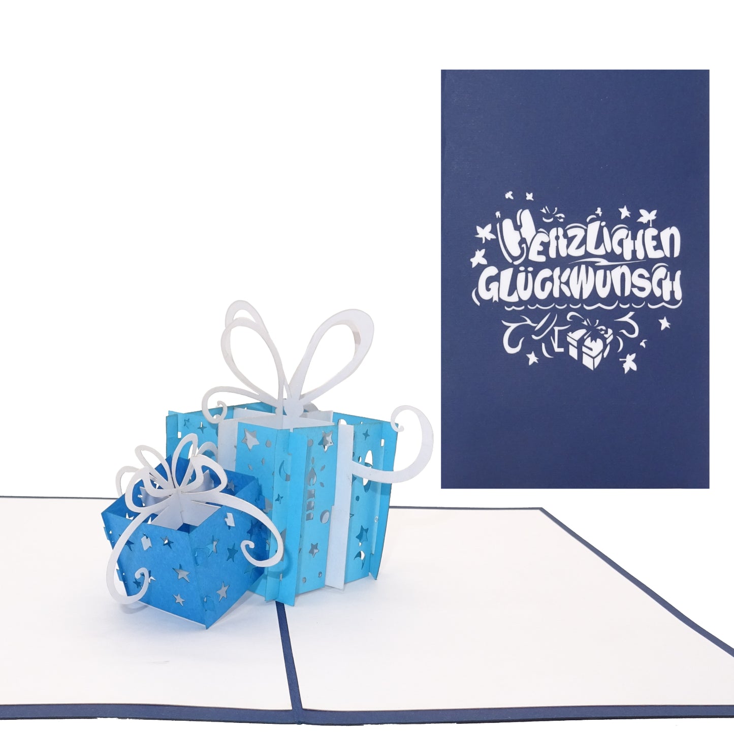 Pop Up Karte "Geschenke - Blau & Weiß" 3D Geburtstagskarte, Glückwunschkarte