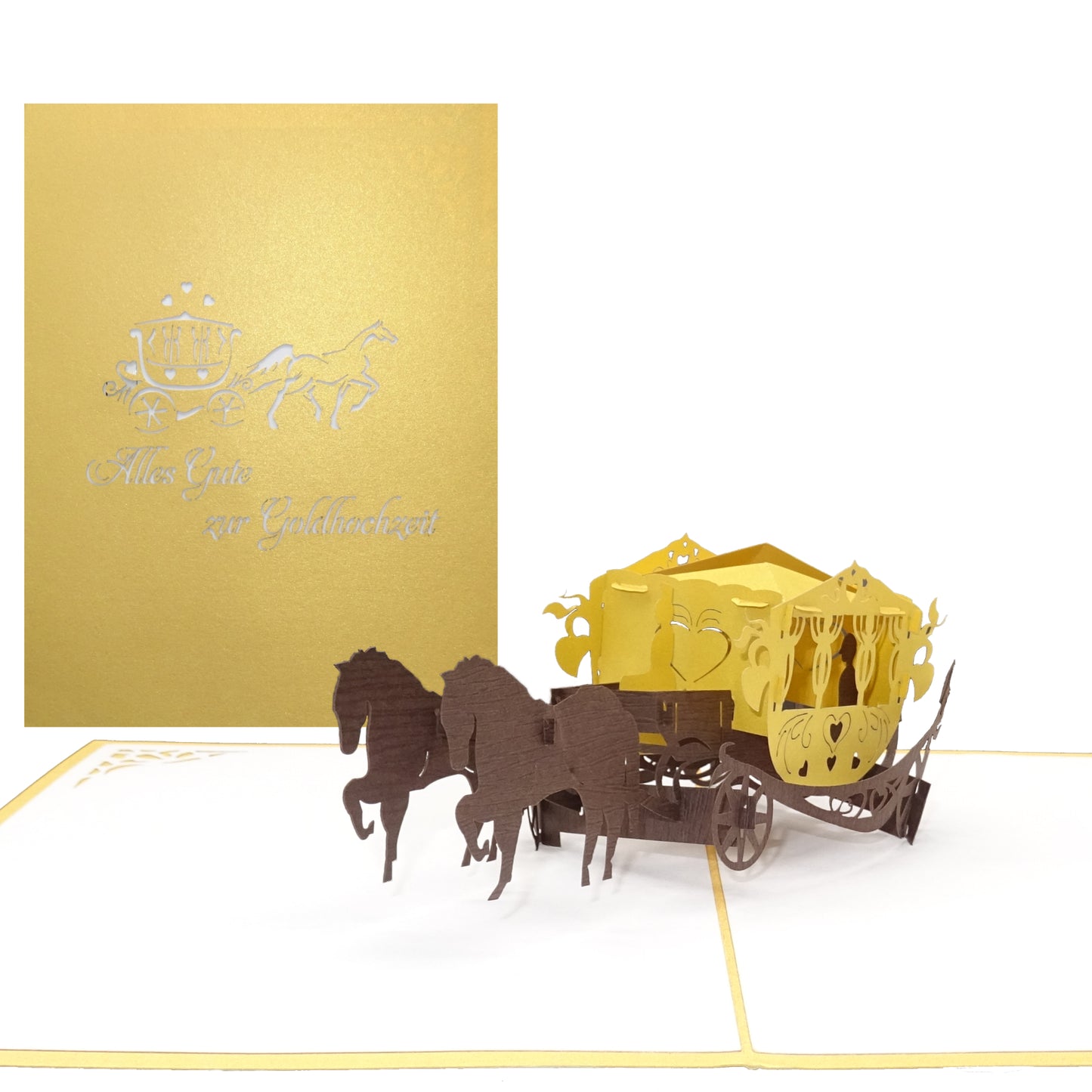 Pop Up Karte "Hochzeitskutsche - Alles Gute zur Goldhochzeit" - Geschenkidee goldene Hochzeit