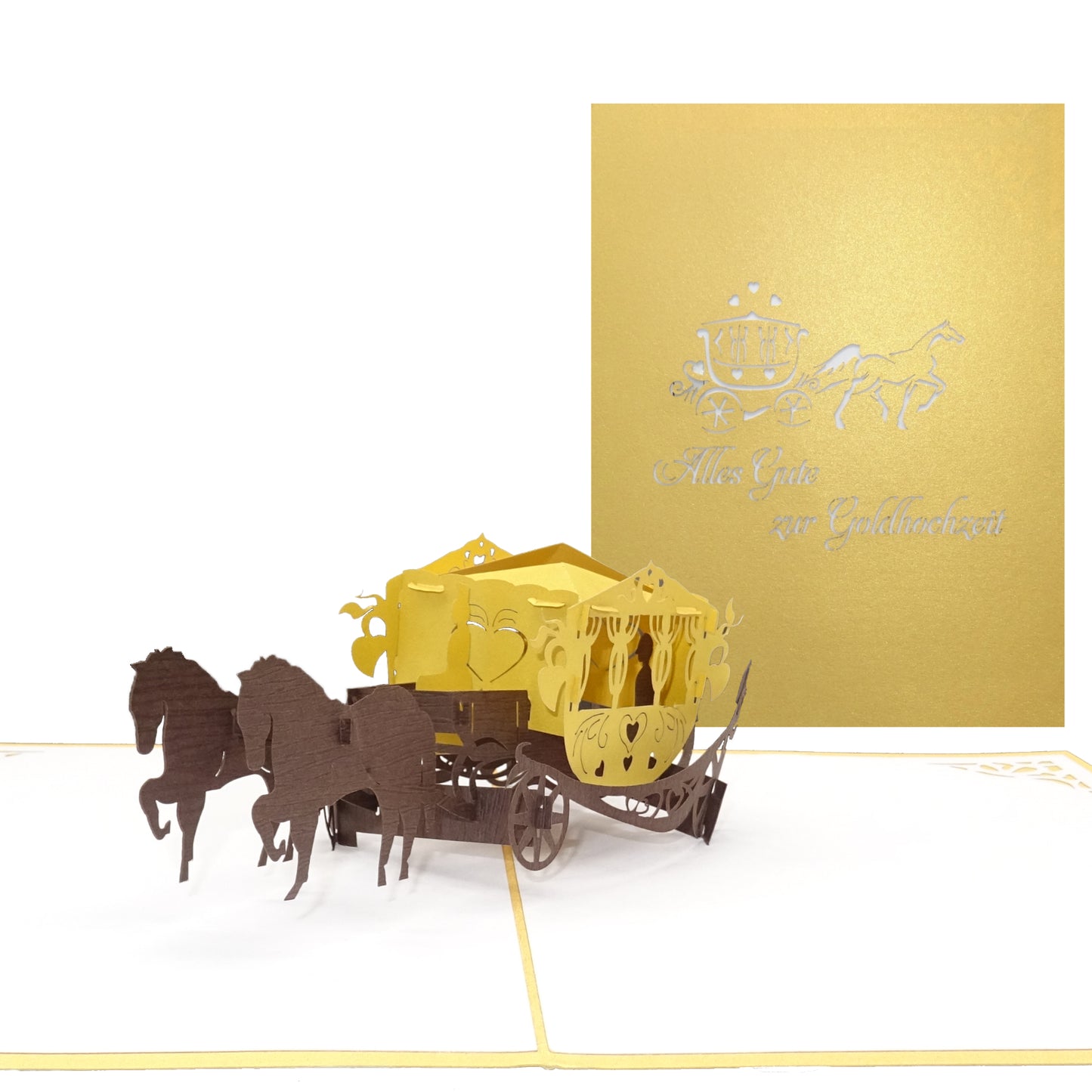 Pop Up Karte "Hochzeitskutsche - Alles Gute zur Goldhochzeit" - Geschenkidee goldene Hochzeit